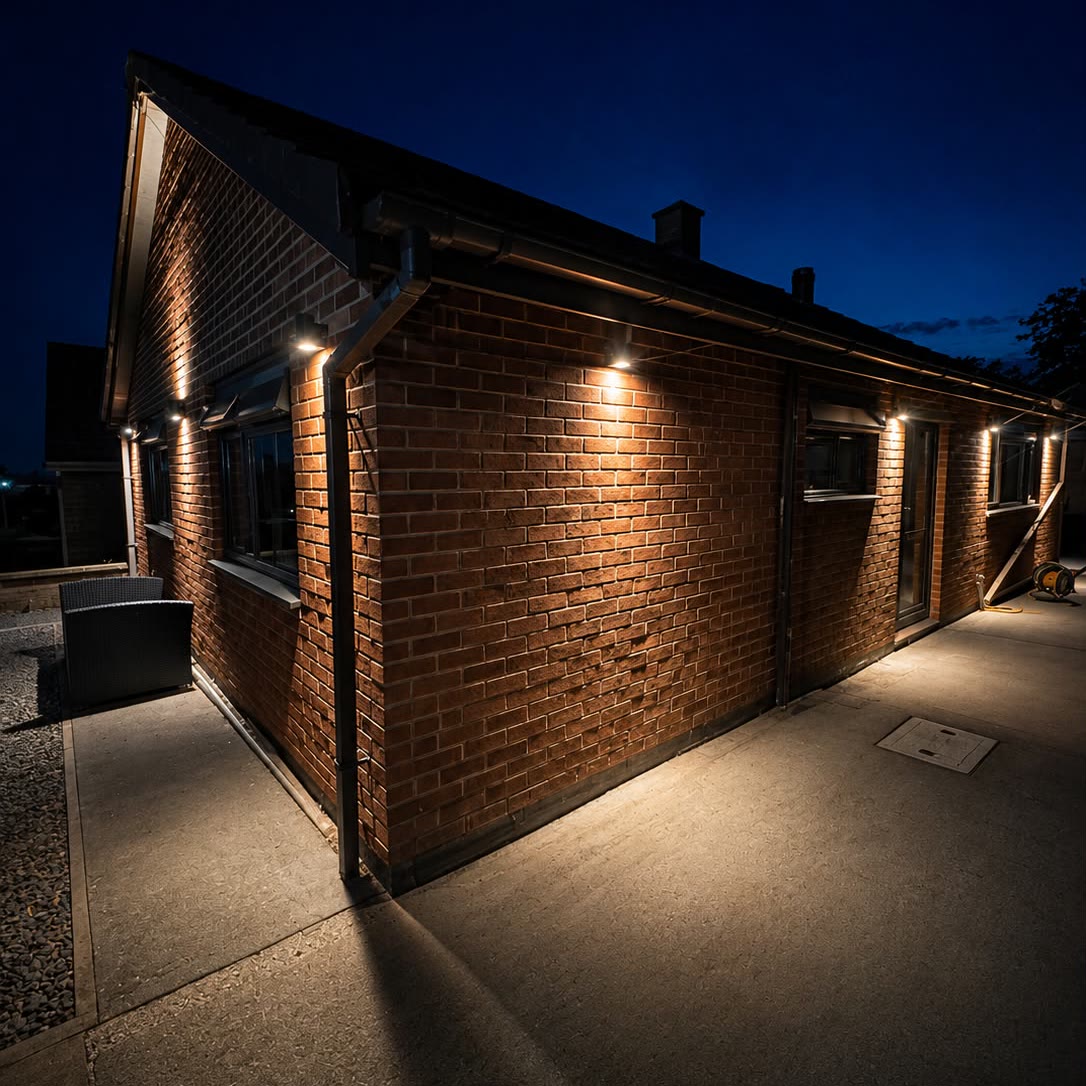 Brick house lit at night by exterior downlights washing the walls and lighting the path around it
