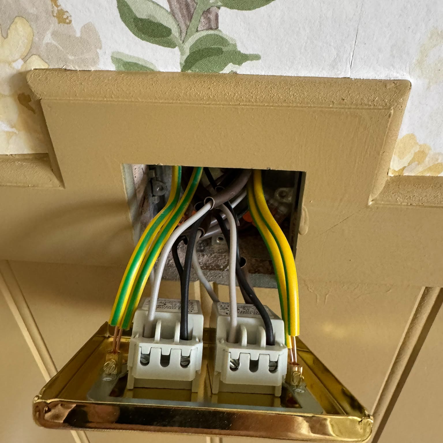 Junction box opened up with the brass cover plate lowered, showing the connector blocks and the cables landed in them